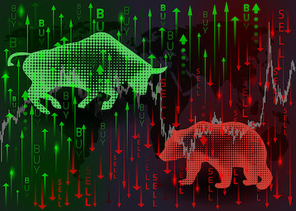 A green bull and a red bear against a stylized financial chart.
