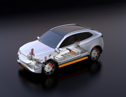 Transparent view of electric SUV car with suspension, steering system and battery package in cutaway mode.
