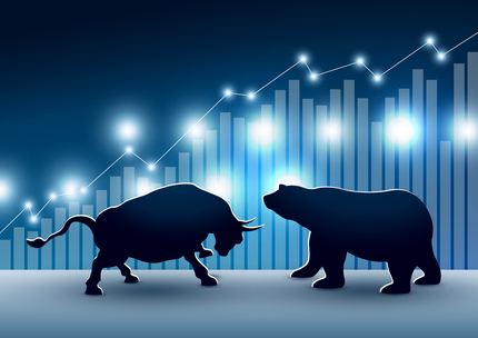 Bull and bear infront of a stock chart