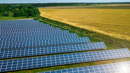 Aerial top view shot of solar photovoltaic panels on a farm