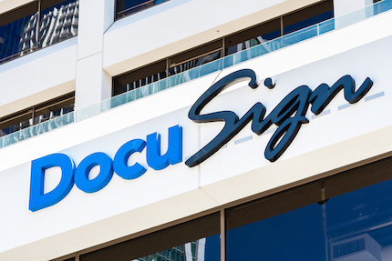 Close up of DocuSign logo at their headquarters in SOMA district of San Francisco, CA