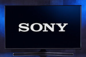 POZNAN, POL - FEB 04, 2020: Flat-screen TV set displaying logo of Sony, a Japanese multinational conglomerate corporation headquartered in Konan, Minato, Tokyo