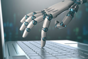 51001614 - robotic hand, accessing on laptop, the virtual world of information. concept of artificial intelligence and replacement of humans by machines.