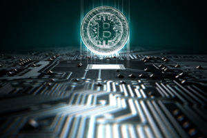 59144319 - a 3d render of a macro view of a circuit board with a digital bitcoin projecting above it on a dark background