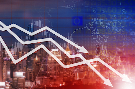 Falling stock market chart on cityscape background.