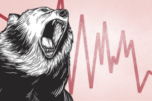 Roaring bear in front of red stock chart