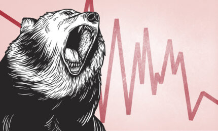 Roaring bear in front of red stock chart