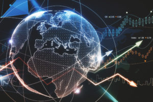 Abstract glowing forex planet background. Global business and trade concept. 3D Rendering