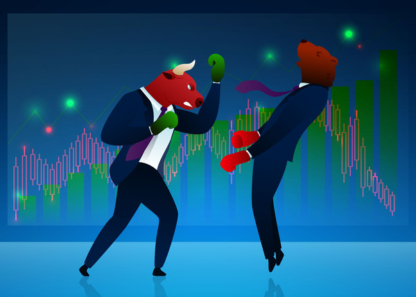 Bull beating a bear in front of a stock chart