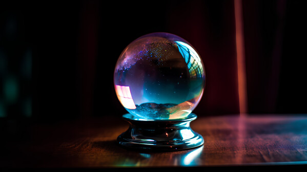 Magic crystal ball on a wooden table. Selective focus. Abstract background.