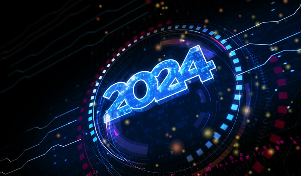 2024 year futuristic neon symbol digital concept 3d illustration