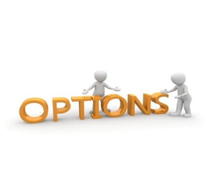 Abstract Options image showing two animated characters in white surrounding the word Options in gold
