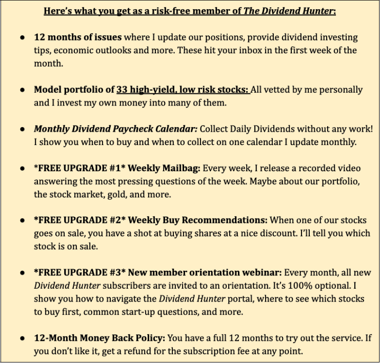 List of what you get as a member of the dividend hunter.