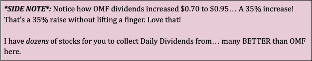 Side note talking about OMF's dividend increase.