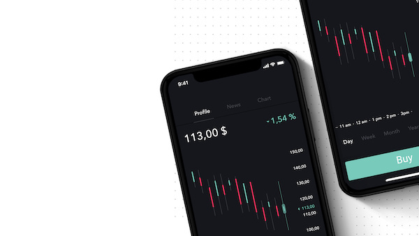 how to trade options on Robinhood: Two phones with a mobile trading app on the screen