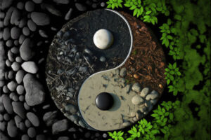 Yin-Yang symbol of dry brown twigs and black coal framed by pebbles and green twigs