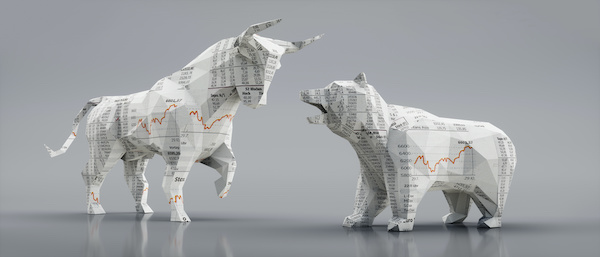 Different types of stocks: bull and bear paper mache