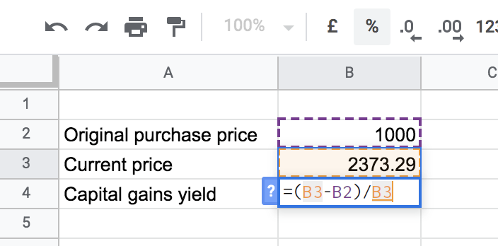 formula for getting the capital gains yield in spreadsheet