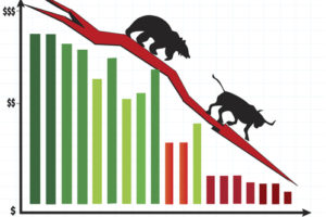 Colorful bar chart showing bear chasing bull down the graph. Stock market crash concept. Vector illustration format. Saved in illustrator 10.