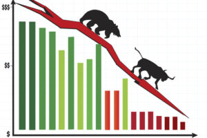 Colorful bar chart showing bear chasing bull down the graph. Stock market crash concept. Vector illustration format. Saved in illustrator 10.