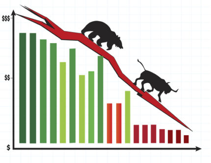 Stock chart with bear chasing bull to lower prices