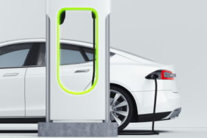Electric white modern car near Electric car charging station. power supply plugged into an electric vehicle. 3d rendering.