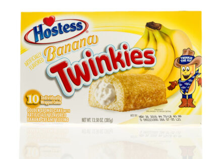 Box of Hostess banana twinkies on an isolated background.