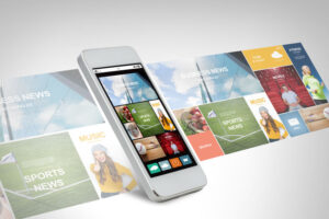 technology, business, electronics, internet  and media concept - white smarthphone with news web page and application icons on screen