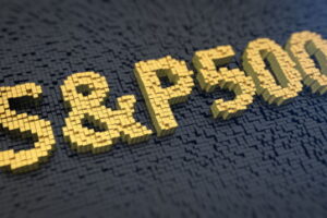 Stock market index. Word S&P500 of the yellow square pixels on a black matrix background. 3D illustration image