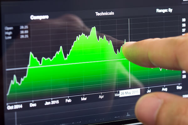 How to read stock charts: person pointing to a green chart