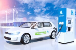 hydrogen logo on gas stations fuel dispenser. h2 combustion engine for emission free ecofriendly transport. 3d rendering