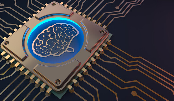 Brain symbol on chip and circuit board standing in for AI