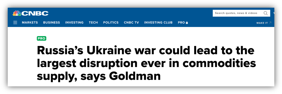 Headline talking about Russia invading Ukraine affecting commodities.