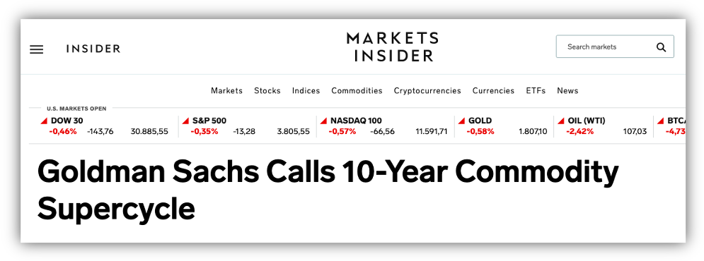 Headline saying "Goldman Sachs Calls 10-Year Commodity Supercycle"