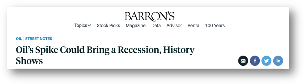 Barron's headline talking about how oil spike could cause recession.