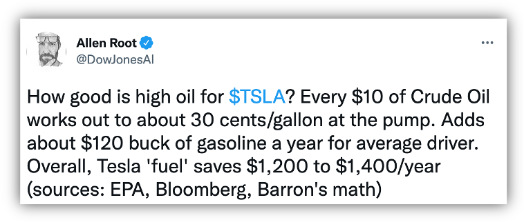 Tweet talking about how increase in oil price is good for Twitter as electric saves more money.