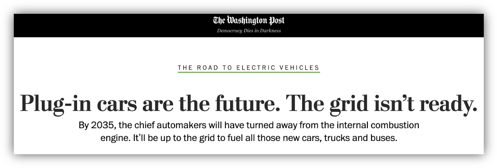 WP Headline talking about how the US grid cannot support electric cars.