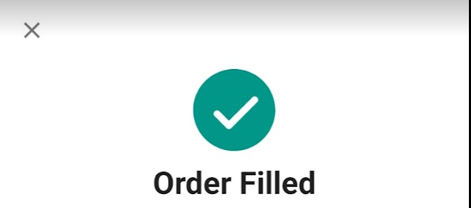 Order filled confirmation screen.
