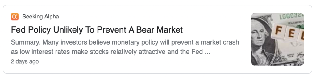 Headline saying "Fed policy unlikely to prevent a bear market"