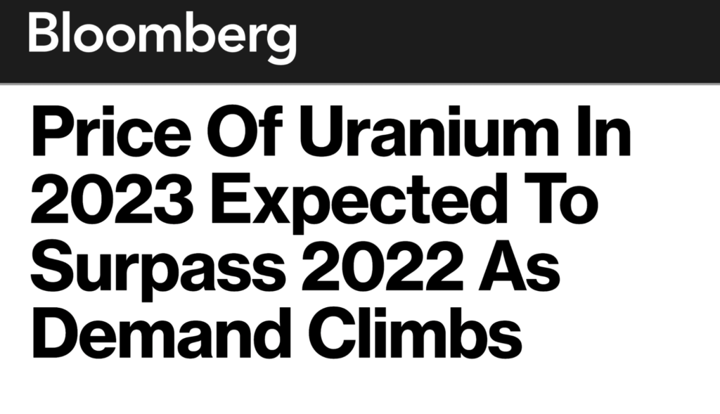 Headline saying "Price of Uranium in 2023 expected to surpass 2022 as demand climbs"