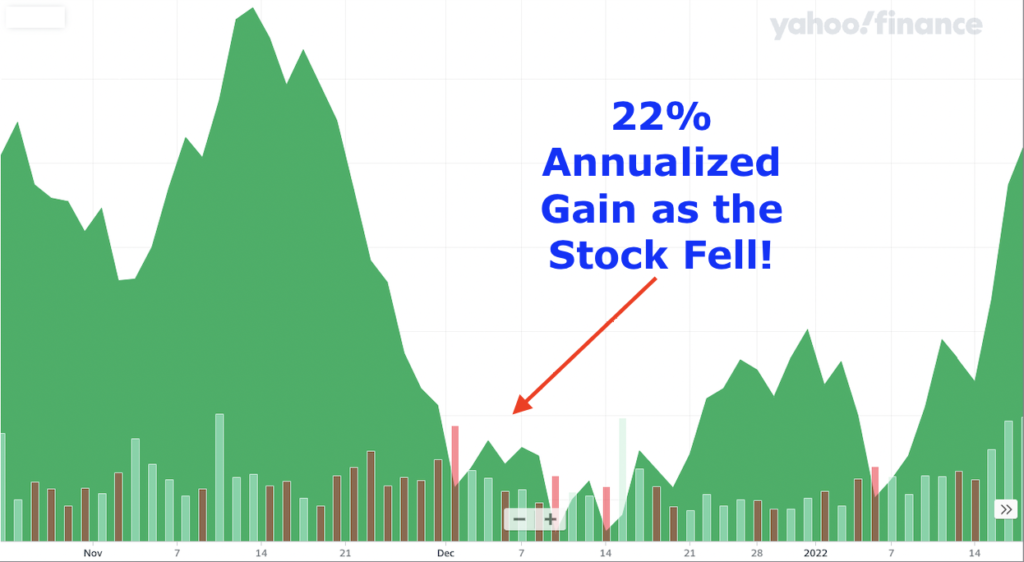 Graph showing 22% gains as the stock price fell.