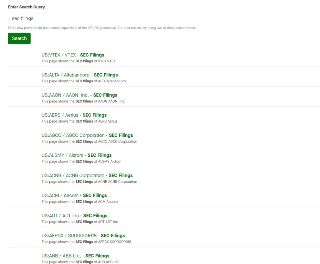 Search showing various SEC Filings.