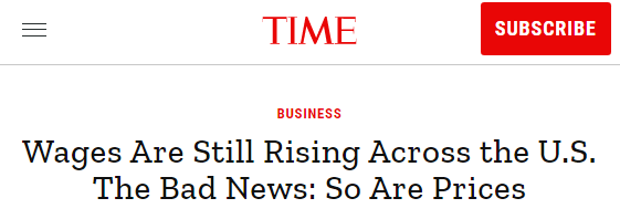 Time headline that says "Wages are Still Rising Across the US The Bad News: So Are Prices