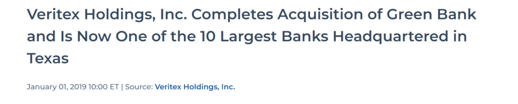 Headline about a bank takeover by Veritex.