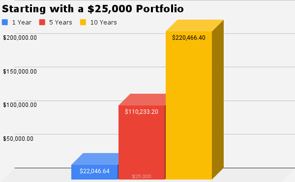 Stock chart showing returns with a $25,000 portfolio.