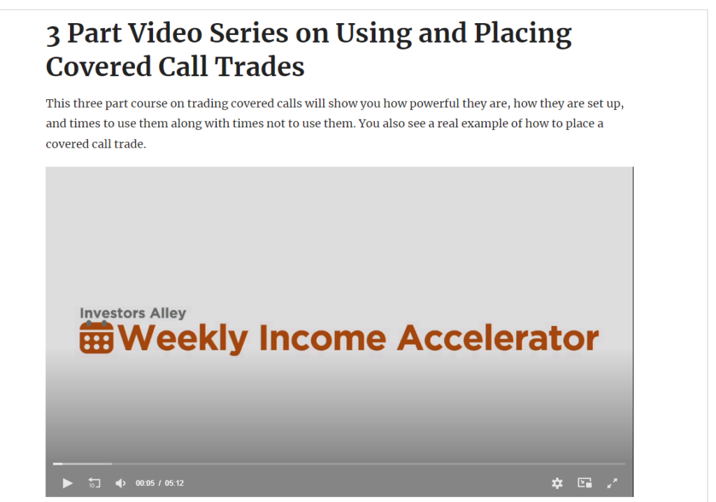 Screenshot of Weekly Income Accelerator's covered call videos.