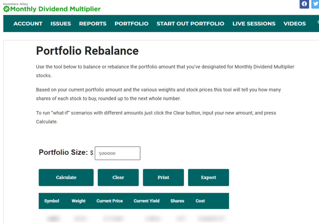 Screenshot of the Monthly Dividend Multiplier Portfolio Rebalance tool