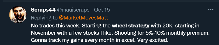 Tweet where another person talks about starting the wheel strategy.