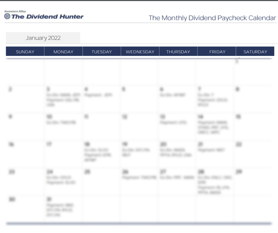 Blurred image of the monthly dividend paycheck calendar.