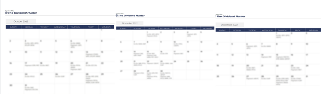 Blurred image of first 3 months of dividend calendar. Part 3